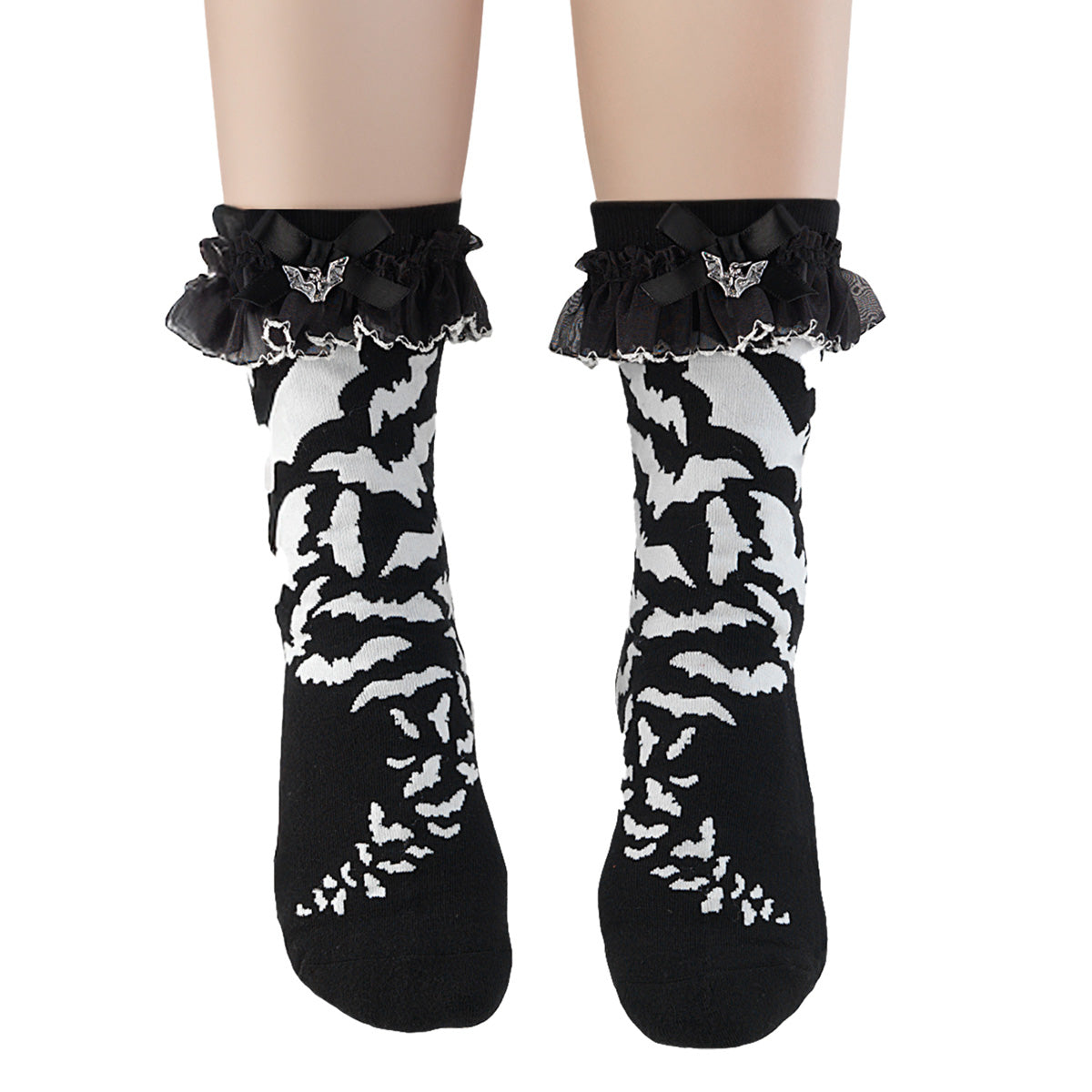 Demonia Cult Value | "Heart Net Ruffle Sock" - White Nylon & Spandex