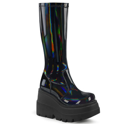 Demonia Cult Latest | "Shaker-65" Boots - Stretch Black Patent Holo